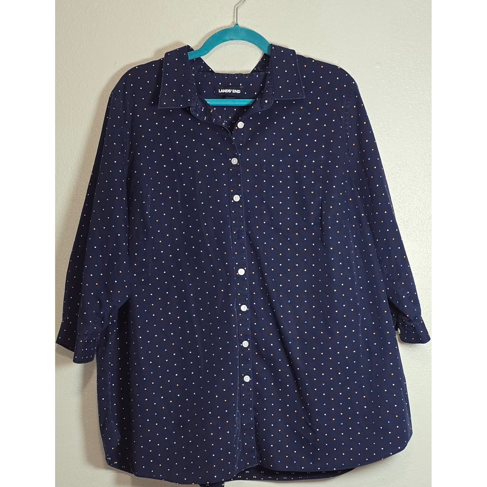 Lands End Shirt 22W Navy Supima Cotton Polka Dot No Iron 3/4 Sleeve Button Up
